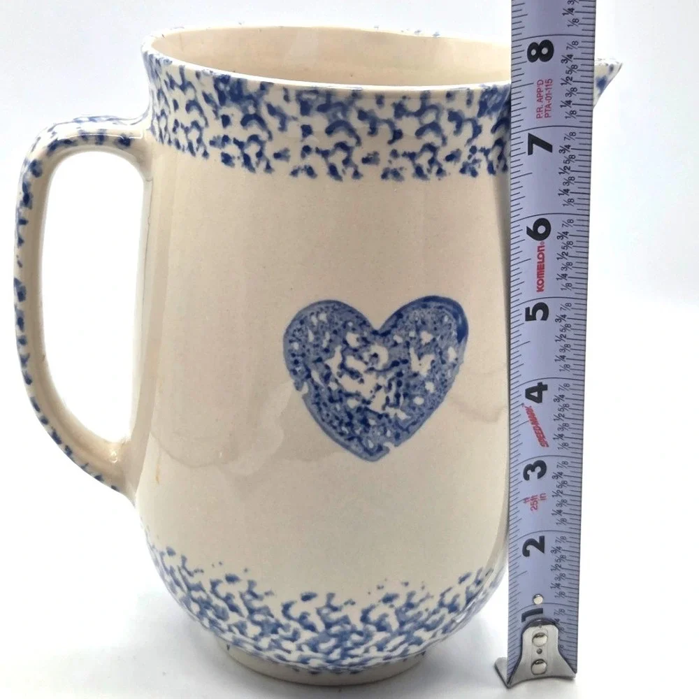 Blue Spongeware Ceramic Pitcher Cow Heart Design‎ Folk Craft Farmhouse Decor